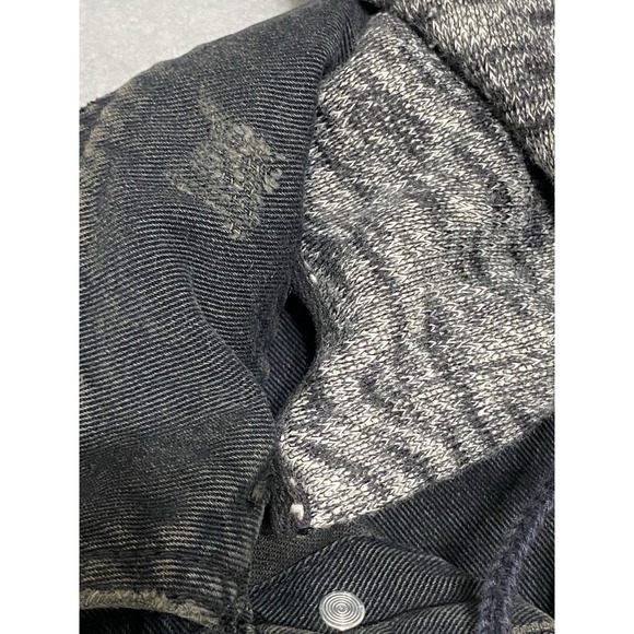 Free People Women's Small Black Distressed Denim Jacket Knit Sleeves Hood Grunge - Picture 9 of 12